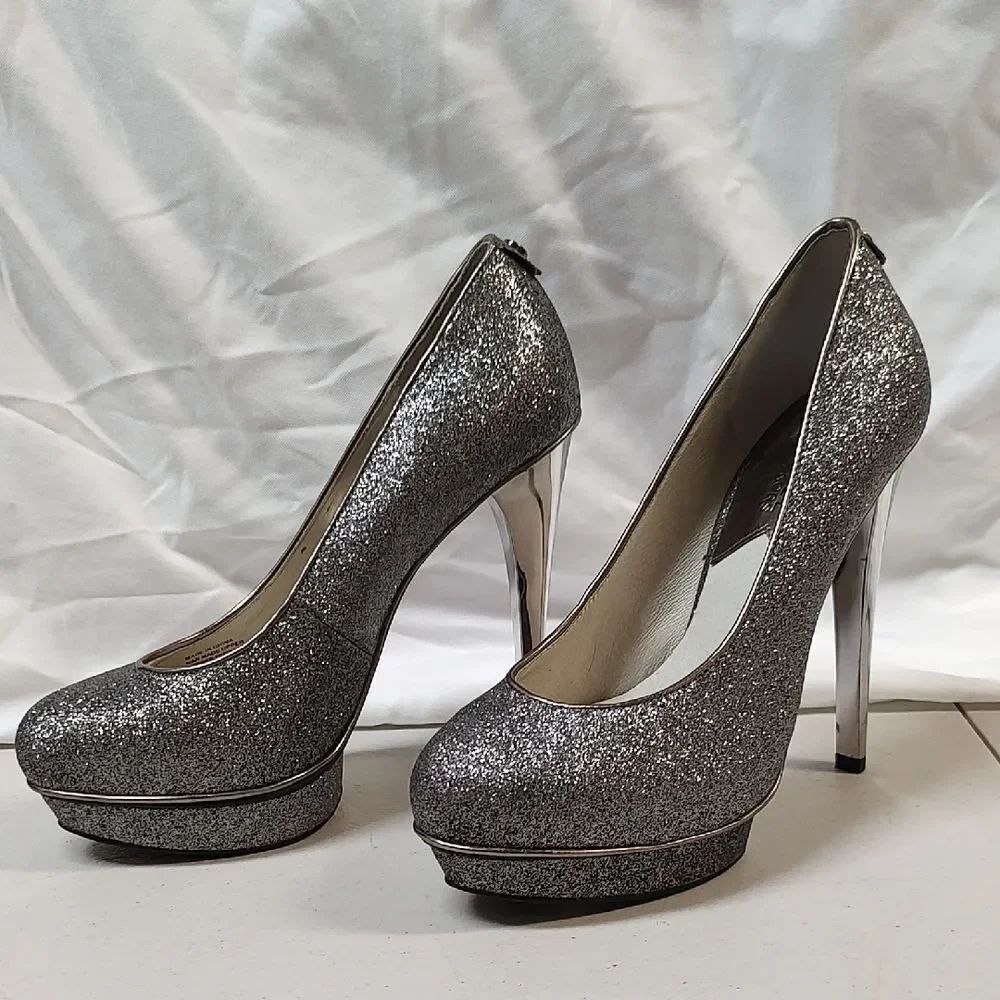 Michael Kors Gideon Size 6 Silver Glitter Stiletto Heels - New